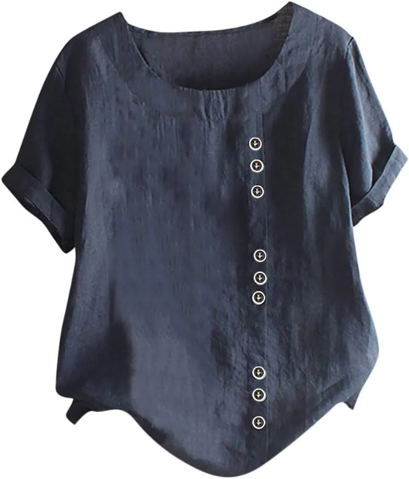 Women's Short Sleeve Linen Shirt Casual Round Neck Soft T-Shirts Floral Loose Summer Tee Top