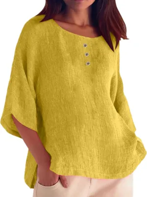 Women's Short Sleeve Linen Shirt Casual V Neck Fashion T Shirts Floral Print Loose Fit Summer Tshirts