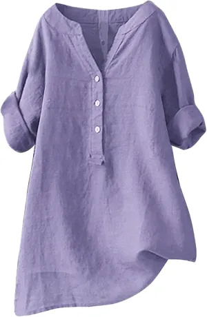 Womens Short Sleeve Linen Shirts Casual Crewneck Soft T Shirts Embroidery Loose Fit Summer Tshirt