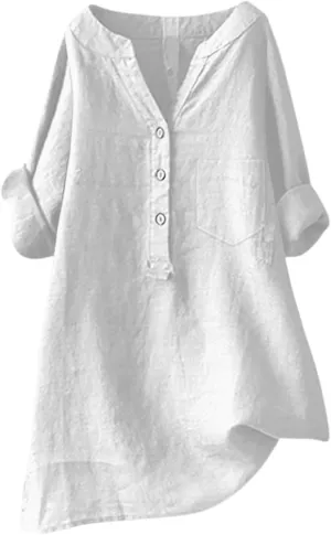 Women's Short Sleeve Linen Shirts Casual V Neck Plus Size T-Shirt Button Down Loose Summer Tee Top