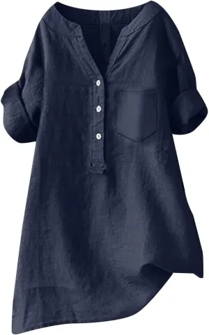 Women's Short Sleeve Linen Shirts Casual V-Neck Plus Size T-Shirts Button Down Loose Summer Tee Shirts