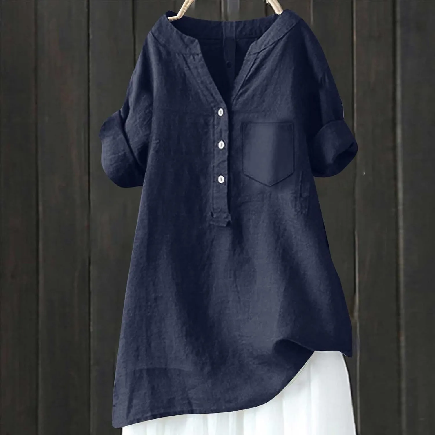 Women's Short Sleeve Linen Shirts Casual V-Neck Plus Size T-Shirts Button Down Loose Summer Tee Shirts