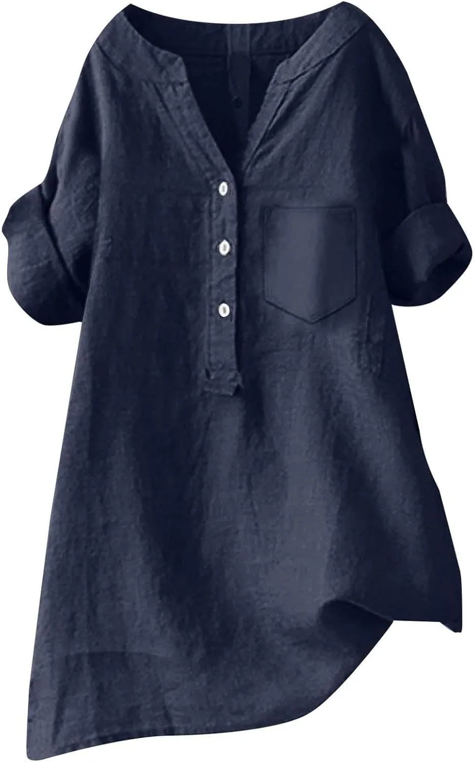 Women's Short Sleeve Linen Shirts Casual V-Neck Plus Size T-Shirts Button Down Loose Summer Tee Shirts