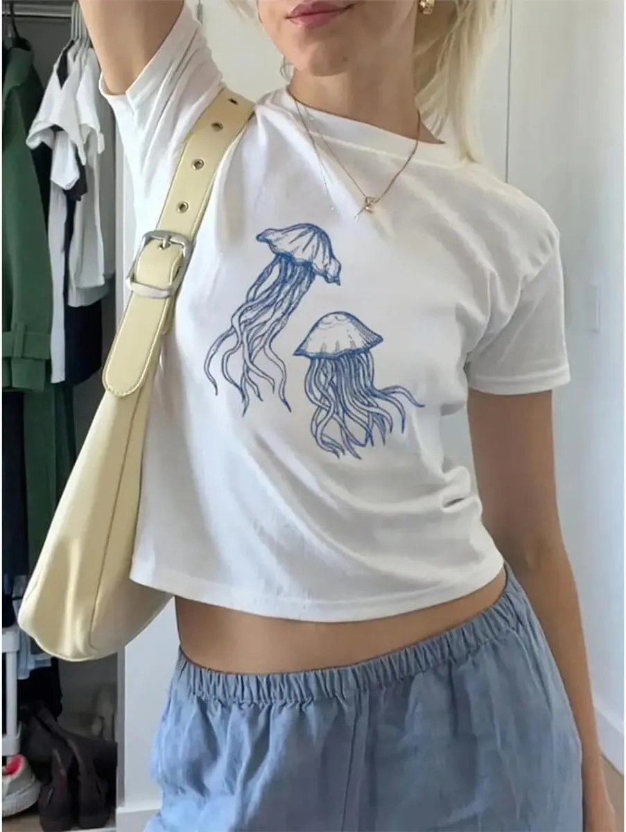 Womens Short Sleeve Y2k Baby Tees Graphic Aesthetic Slim Fit T Shirt Cute Teen Girls Summer Going Out Crop Tops