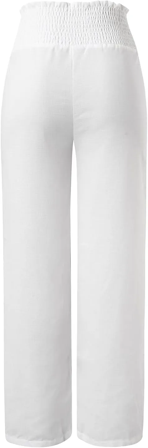 Women's Solid Casual Elastic Belt High Waist Trousers Straight Wide Leg Plus Size Baggy Comfy Soft Pants