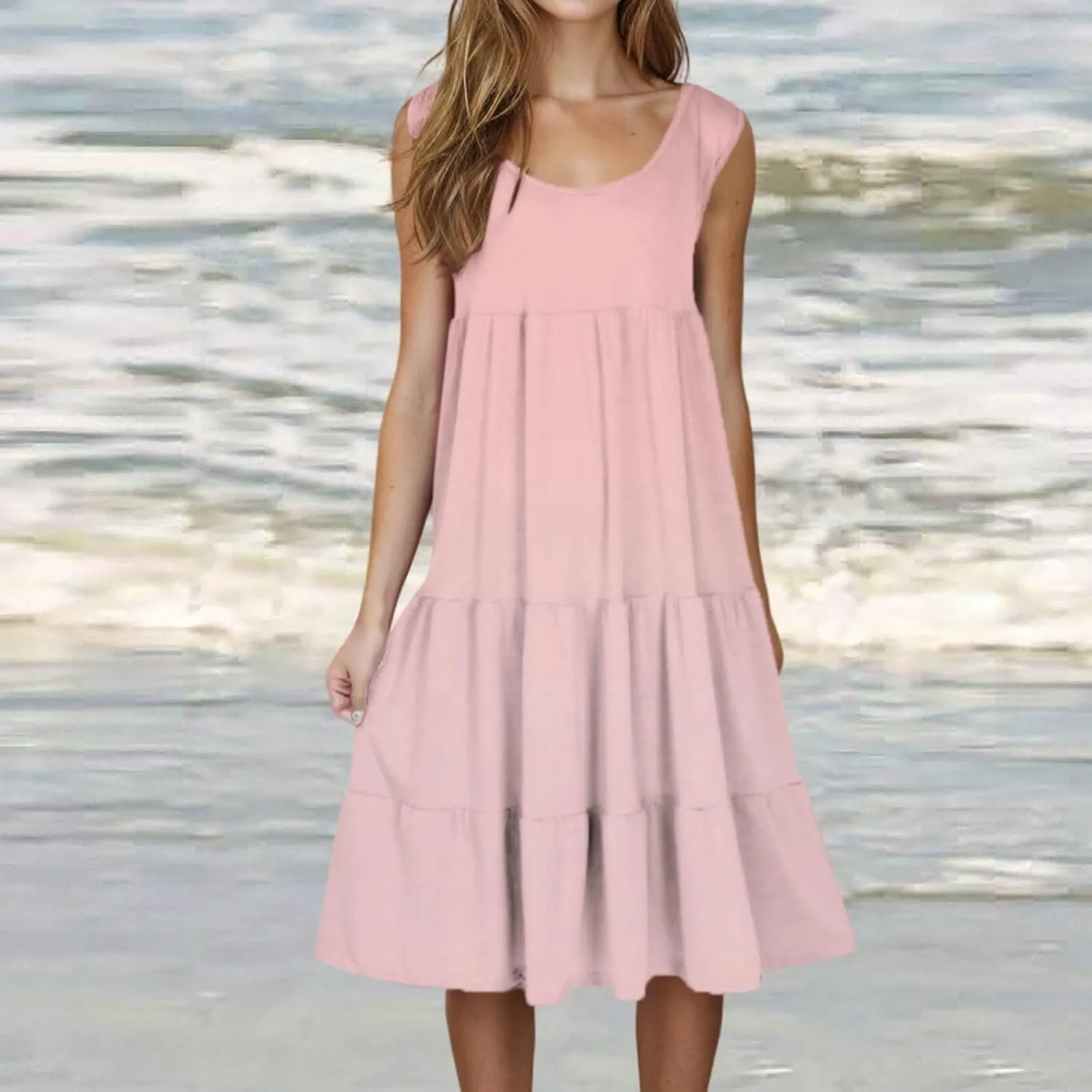 Women's Summer Boho Beach Dresses 2025 Sleeveless Sundress Crew Neck Casual Flowy A-Line Dresses