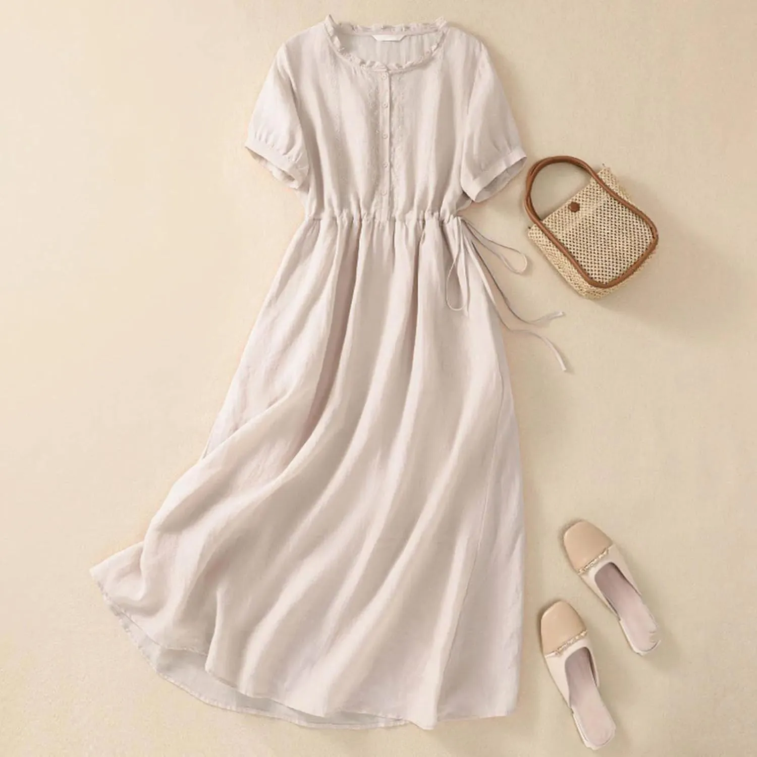 Women's Summer Chiffon Long Dress Flimsy Girdle The Waist Crew Neck Drawstring A-Line Dresses