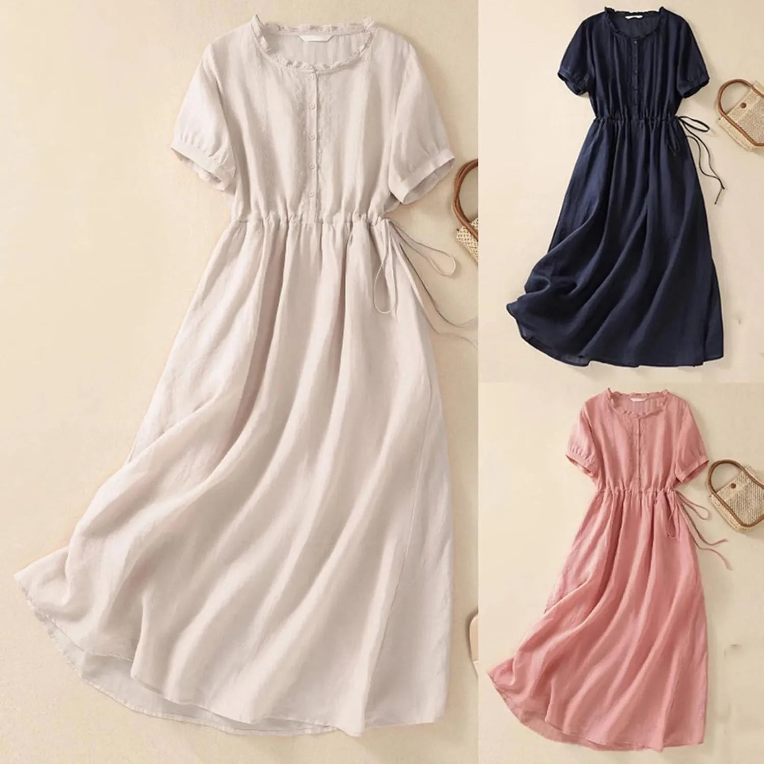 Women's Summer Chiffon Long Dress Flimsy Girdle The Waist Crew Neck Drawstring A-Line Dresses