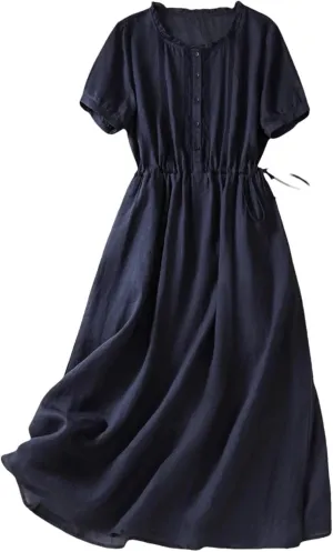 Women's Summer Chiffon Long Dress Flimsy Girdle The Waist Crew Neck Drawstring A-Line Dresses