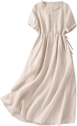 Women's Summer Chiffon Long Dress Flimsy Girdle The Waist Crew Neck Drawstring A-Line Dresses