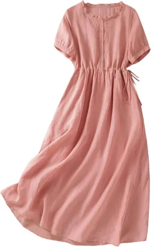Women's Summer Chiffon Long Dress Flimsy Girdle The Waist Crew Neck Drawstring A-Line Dresses