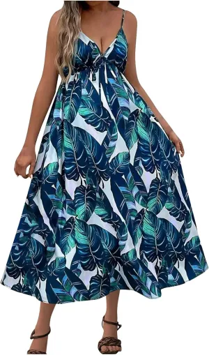 Womens Summer Dress 2025 Beach Floral Sleeveless Sundresses Sexy Wrap V Neck Spaghetti Strap A-Line Dresses