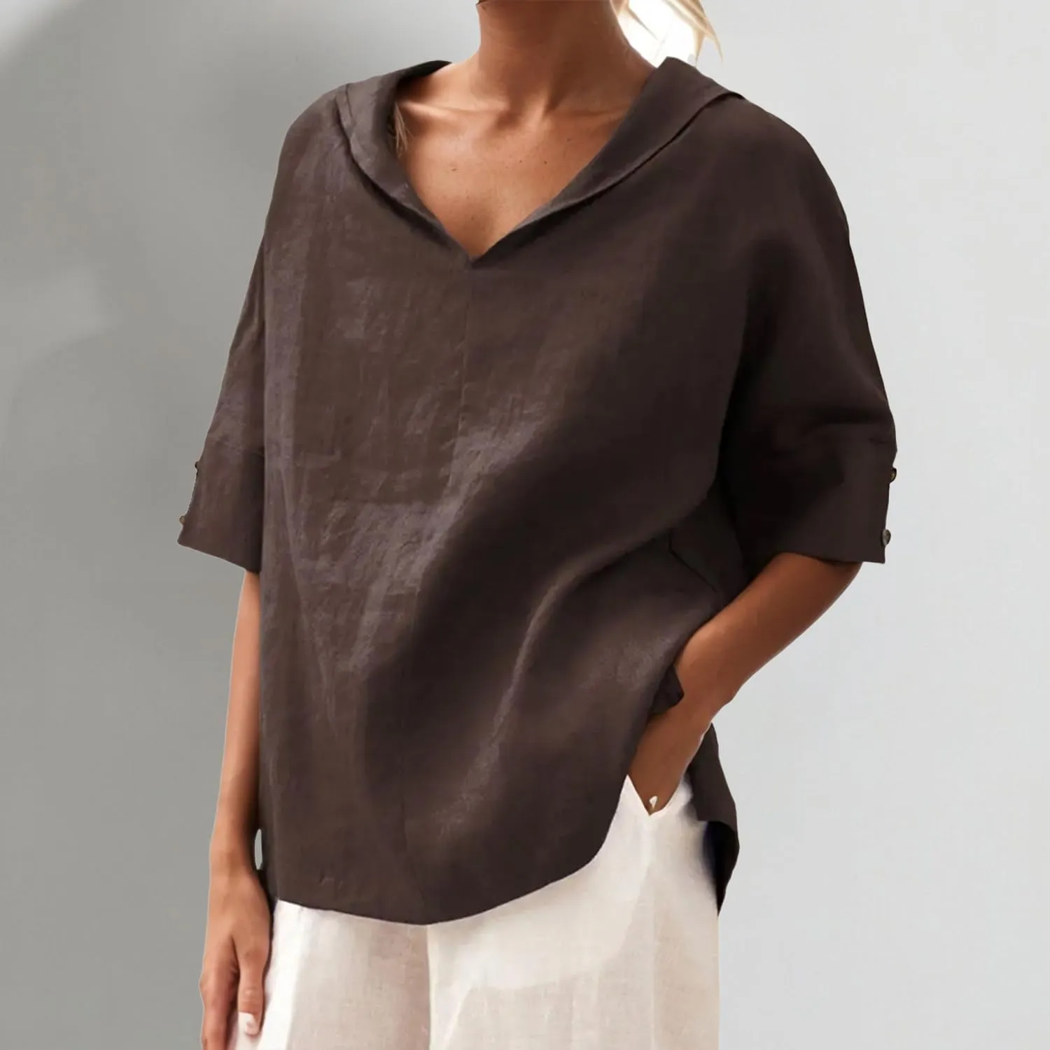 Women's Summer Hoodies Top T-Shirt Cotton Linen Half Sleeve V Neck Casual Loose Lightweight Tunic Blouse