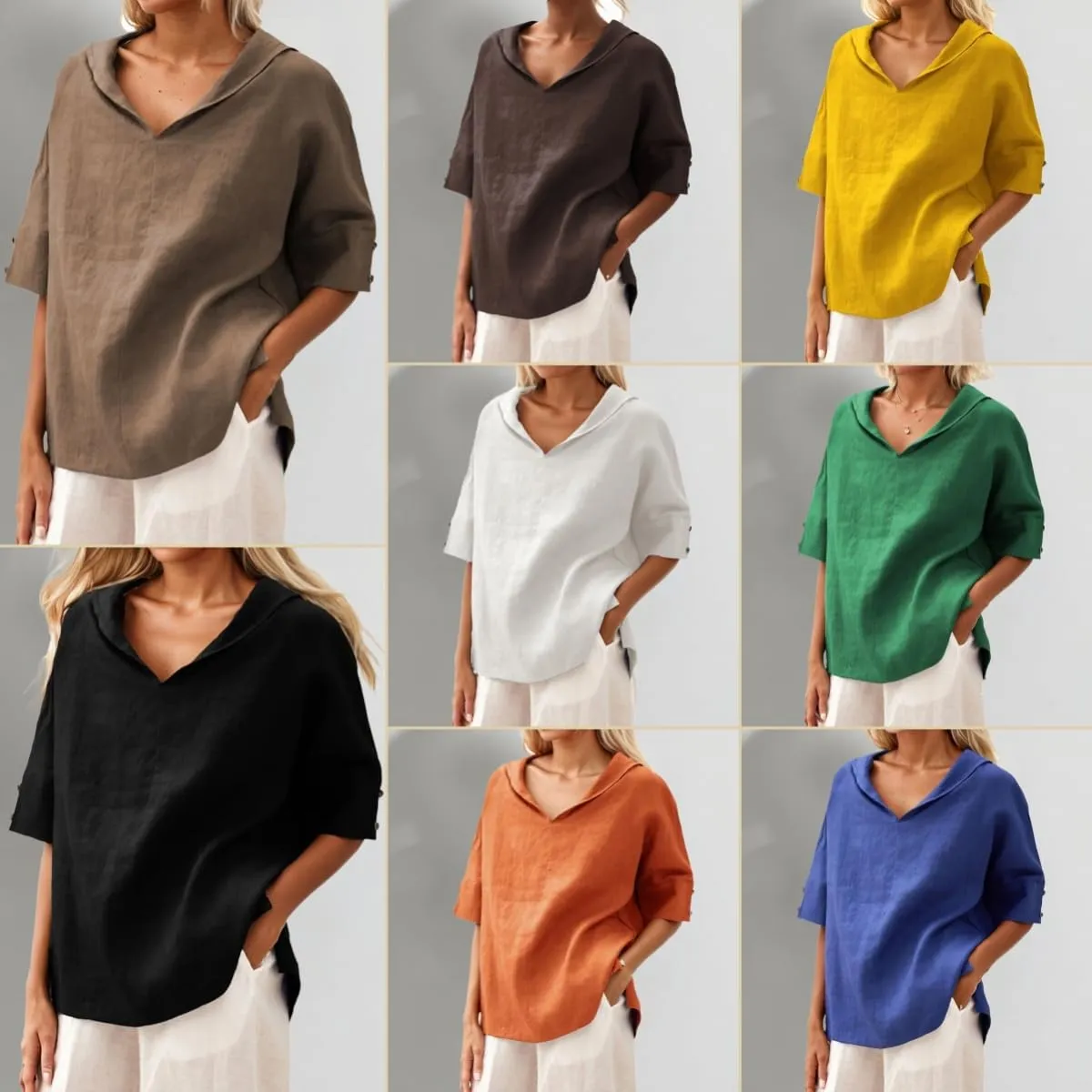 Women's Summer Hoodies Top T-Shirt Cotton Linen Half Sleeve V Neck Casual Loose Lightweight Tunic Blouse