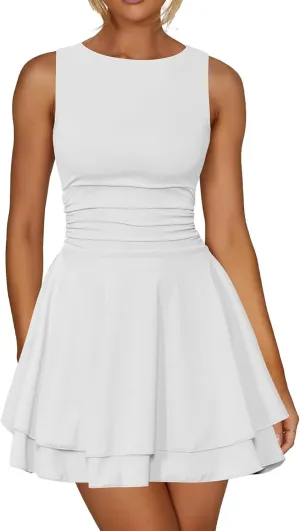 Women's Summer Mini Dress Crew Neck Ruffle Pleated Tiered Sleeveless Dresses Flowy A Line Dresses Graduation Dress