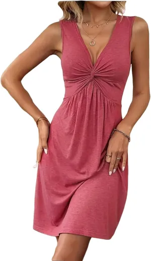 Womens Summer Sleeveless Dress V Neck Front Knotted Tank A Line Dresses Casual Loose Solid Beach Vacation Sundress