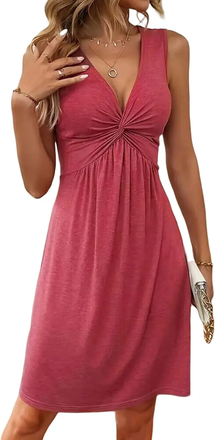 Womens Summer Sleeveless Dress V Neck Front Knotted Tank A Line Dresses Casual Loose Solid Beach Vacation Sundress
