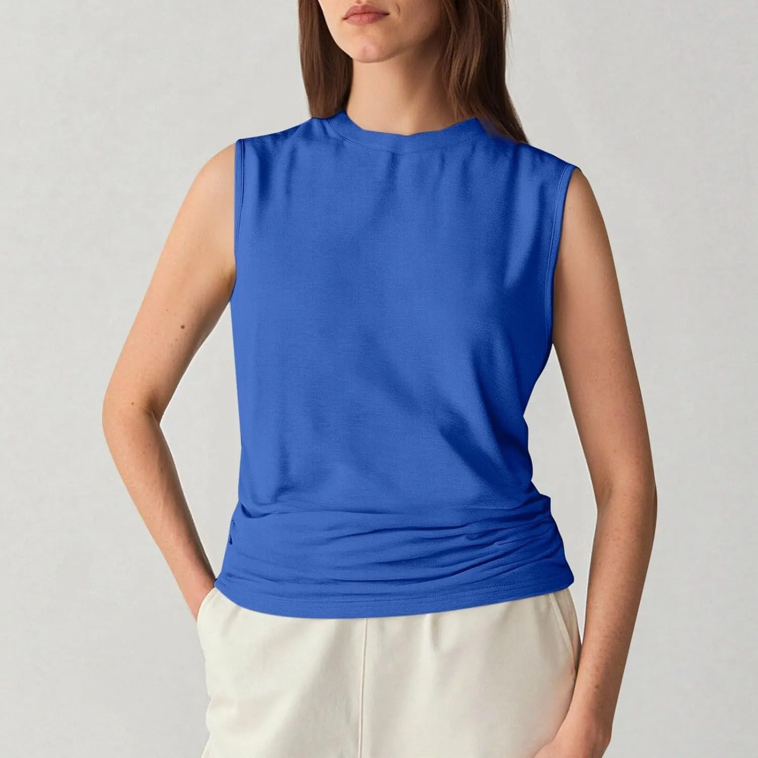 Womens Summer Tank Tops High Neck Workout Crew Neck Sleeveless Top Casual Flowy Trendy Loose Sleeveless Vest Camisole