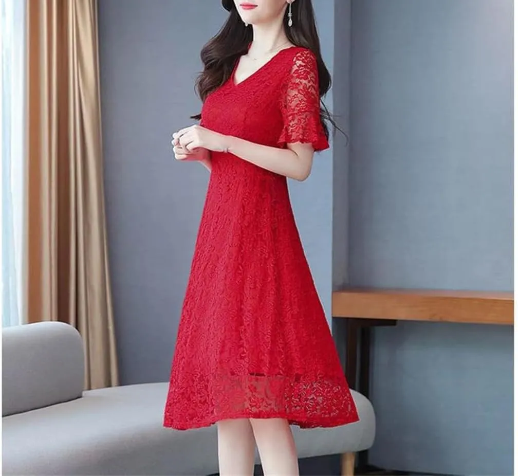 Women's Summer V-Neck Spliced Solid Color Loose Office Lady Lace A-Line Dresses