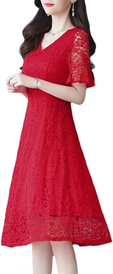 Women's Summer V-Neck Spliced Solid Color Loose Office Lady Lace A-Line Dresses