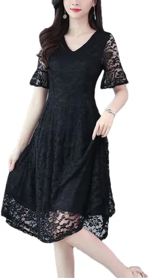 Women's Summer V-Neck Spliced Solid Color Loose Office Lady Lace A-Line Dresses