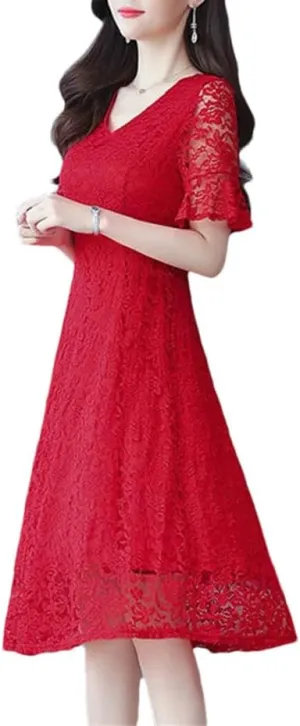 Women's Summer V-Neck Spliced Solid Color Loose Office Lady Lace A-Line Dresses