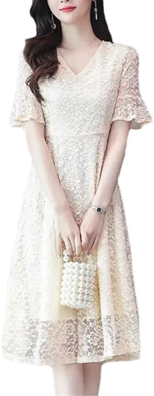 Women's Summer V-Neck Spliced Solid Color Loose Office Lady Lace A-Line Dresses