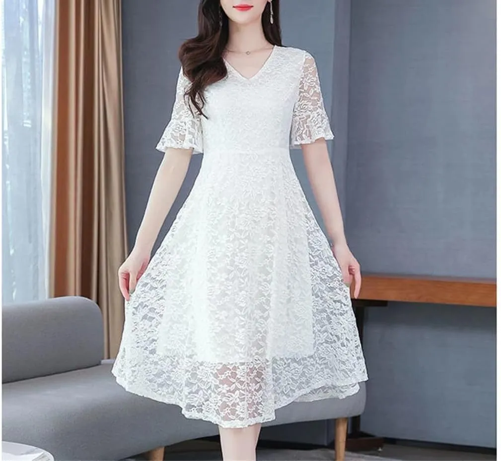 Women's Summer V-Neck Spliced Solid Color Loose Office Lady Lace A-Line Dresses