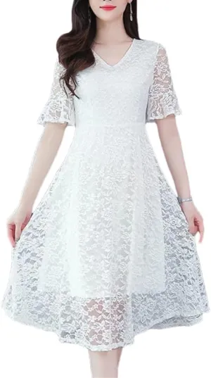 Women's Summer V-Neck Spliced Solid Color Loose Office Lady Lace A-Line Dresses