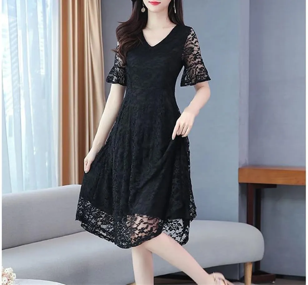 Women's Summer V-Neck Spliced Solid Color Loose Office Lady Lace A-Line Dresses