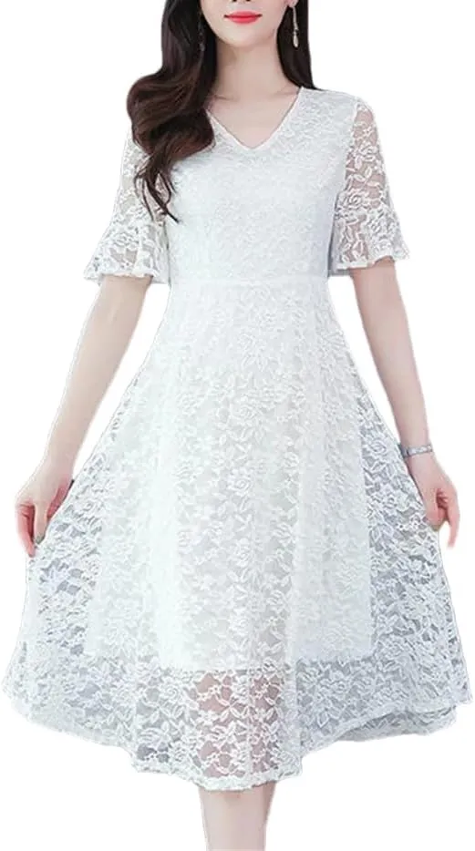 Women's Summer V-Neck Spliced Solid Color Loose Office Lady Lace A-Line Dresses
