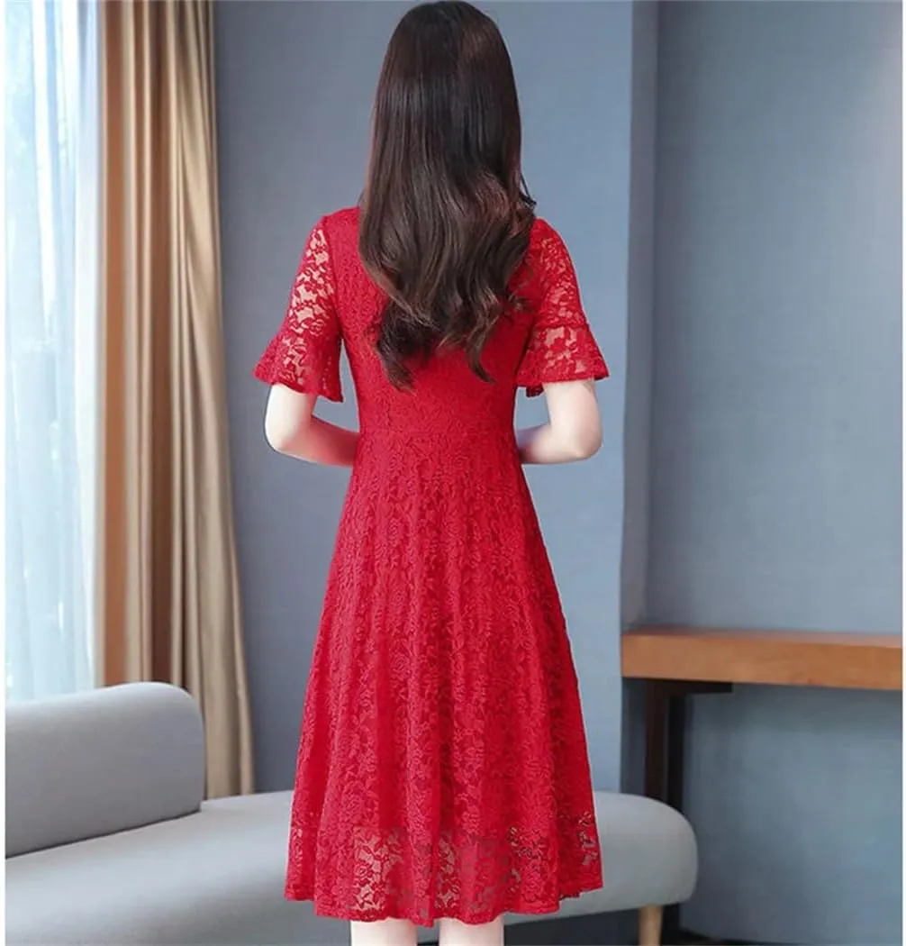 Women's Summer V-Neck Spliced Solid Color Loose Office Lady Lace A-Line Dresses