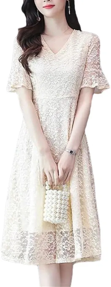 Women's Summer V-Neck Spliced Solid Color Loose Office Lady Lace A-Line Dresses