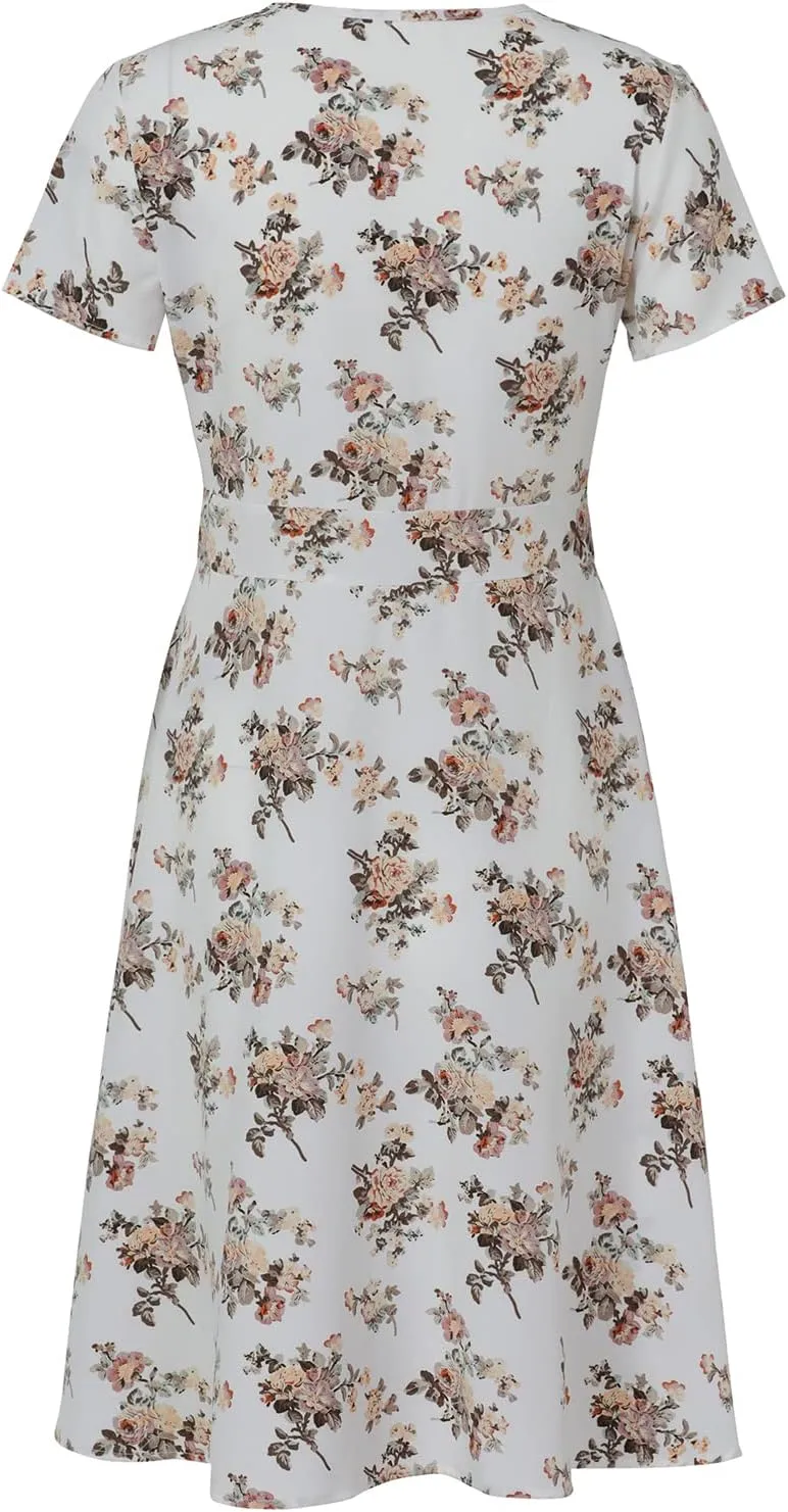 Women's Summer Wrap Midi Dress Casual Floral Print V-Neck Short Sleeve A-Line Dresses