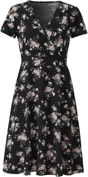 Women's Summer Wrap Midi Dress Casual Floral Print V-Neck Short Sleeve A-Line Dresses