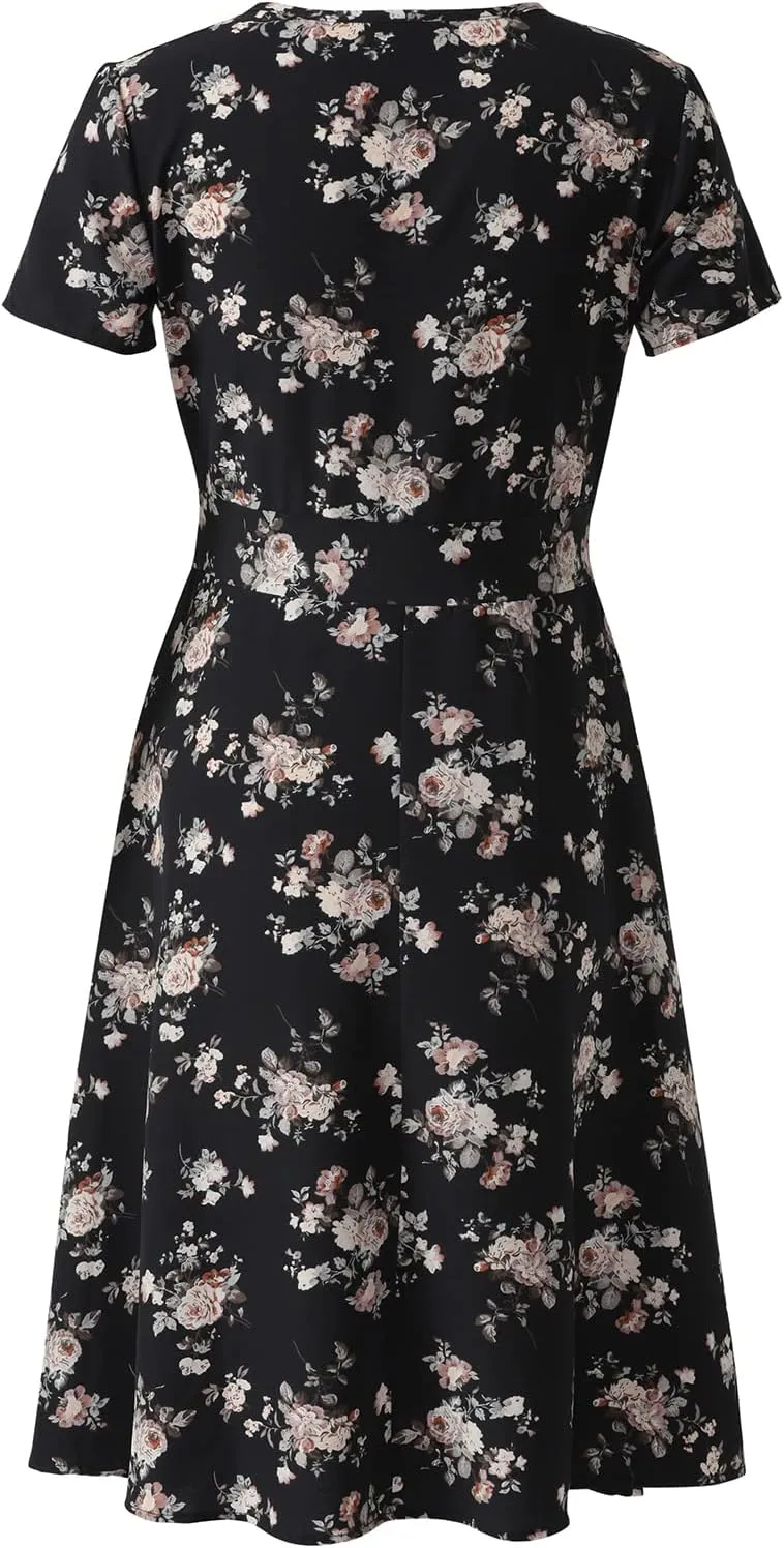 Women's Summer Wrap Midi Dress Casual Floral Print V-Neck Short Sleeve A-Line Dresses