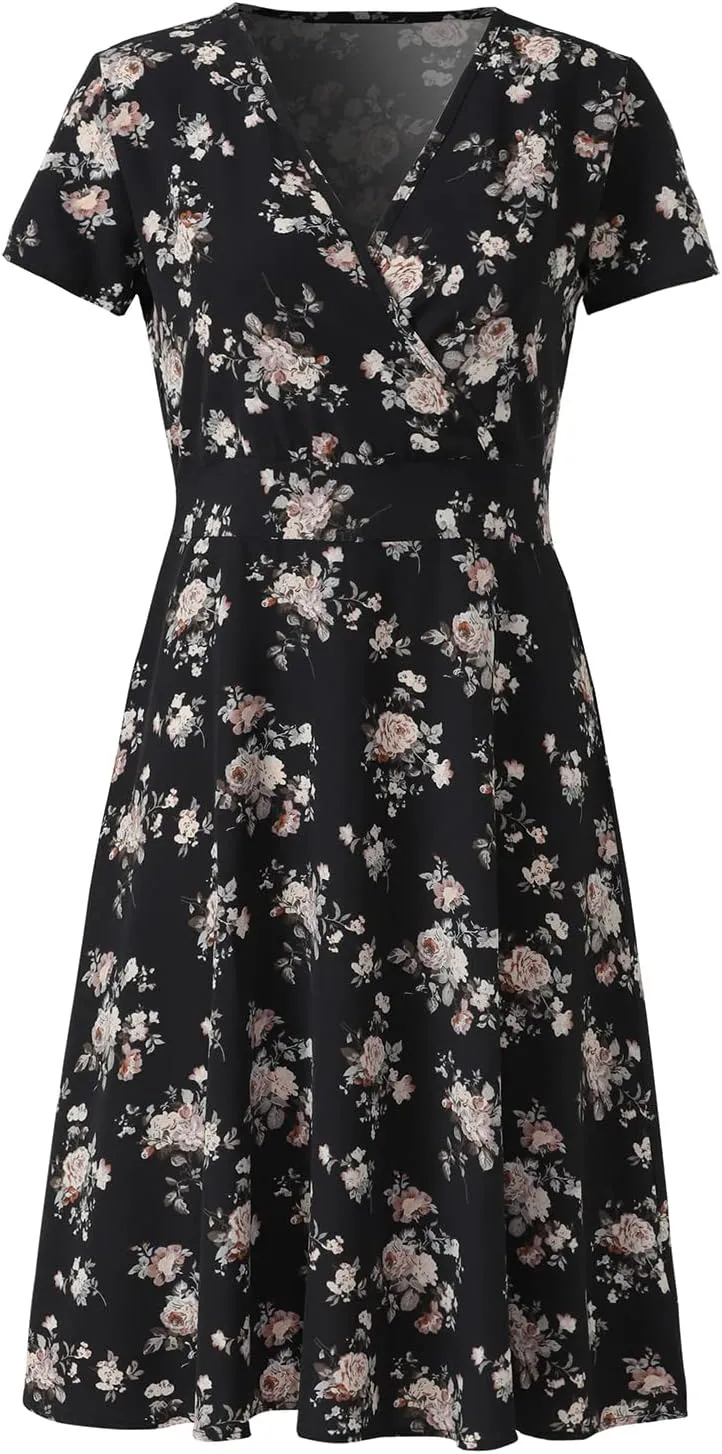 Women's Summer Wrap Midi Dress Casual Floral Print V-Neck Short Sleeve A-Line Dresses