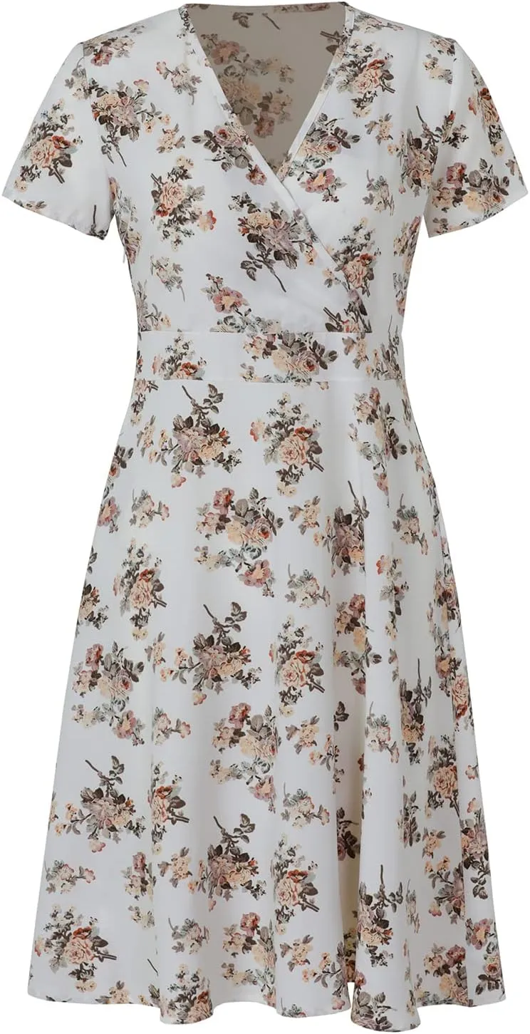 Women's Summer Wrap Midi Dress Casual Floral Print V-Neck Short Sleeve A-Line Dresses