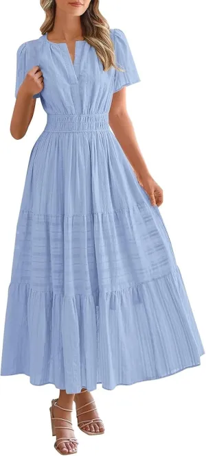 Women's Swing Dresses Knee Length Maxi Dress Elastic Waist Boho Flowy Sundress Beach Vacation Casual Midi Dress