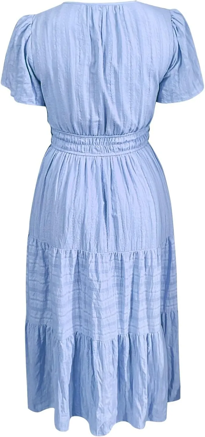 Women's Swing Dresses Knee Length Maxi Dress Elastic Waist Boho Flowy Sundress Beach Vacation Casual Midi Dress