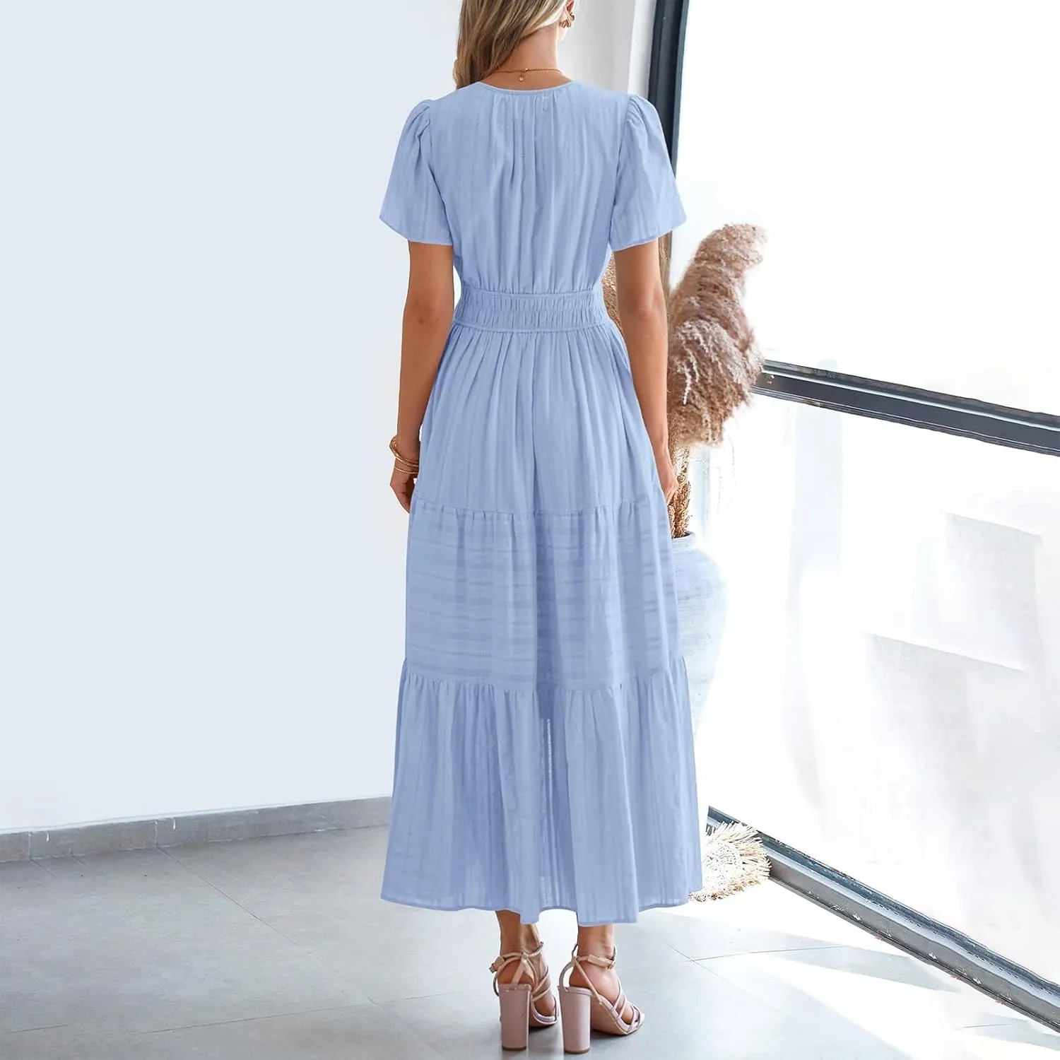 Women's Swing Dresses Knee Length Maxi Dress Elastic Waist Boho Flowy Sundress Beach Vacation Casual Midi Dress