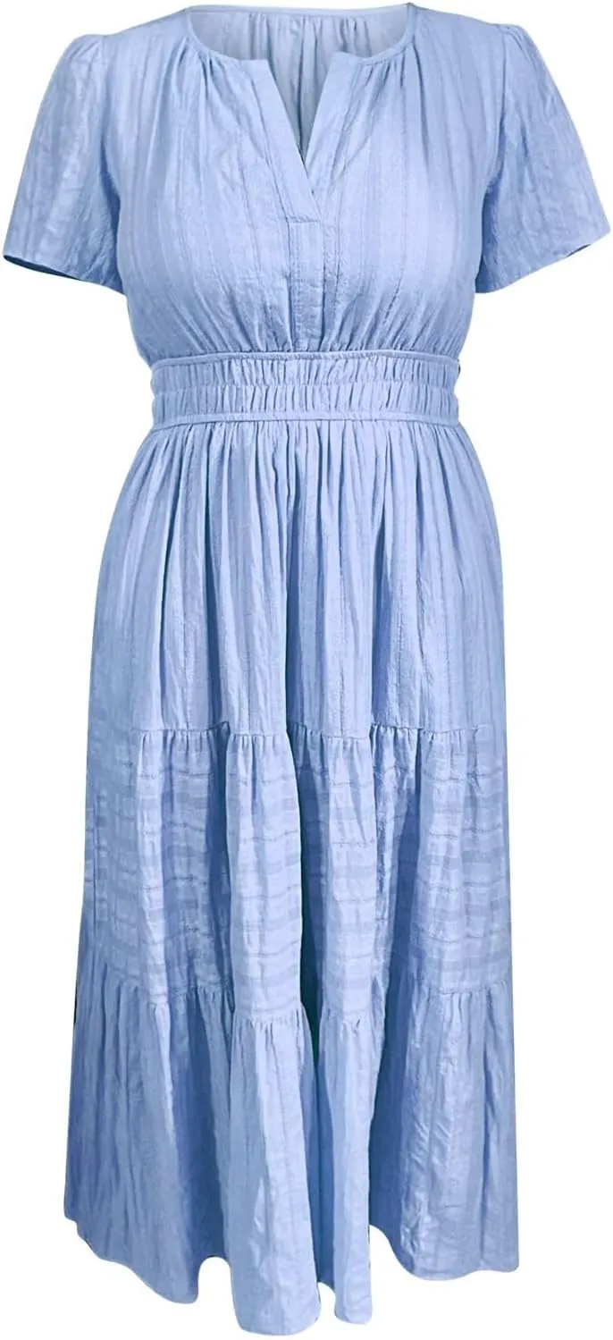 Women's Swing Dresses Knee Length Maxi Dress Elastic Waist Boho Flowy Sundress Beach Vacation Casual Midi Dress