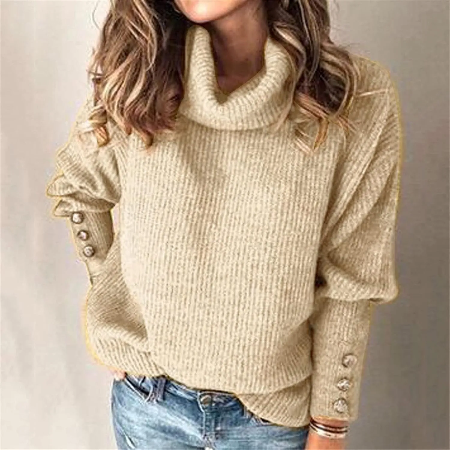 Womens Turtleneck Sweaters Plus Size Lantern Sleeve Ribbed Knit Pullover Casual Soft Solid Fall Winter Jumper Tops