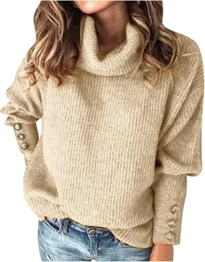 Womens Turtleneck Sweaters Plus Size Lantern Sleeve Ribbed Knit Pullover Casual Soft Solid Fall Winter Jumper Tops