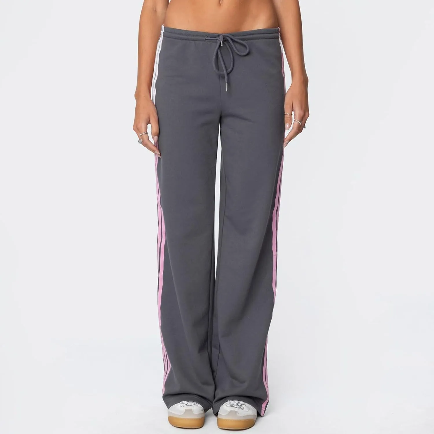 Womens Wide Leg Elasticated High Waist Trousers Side Striped Design Straight Casual Sweatpants Baggy Vintage Summer Pants