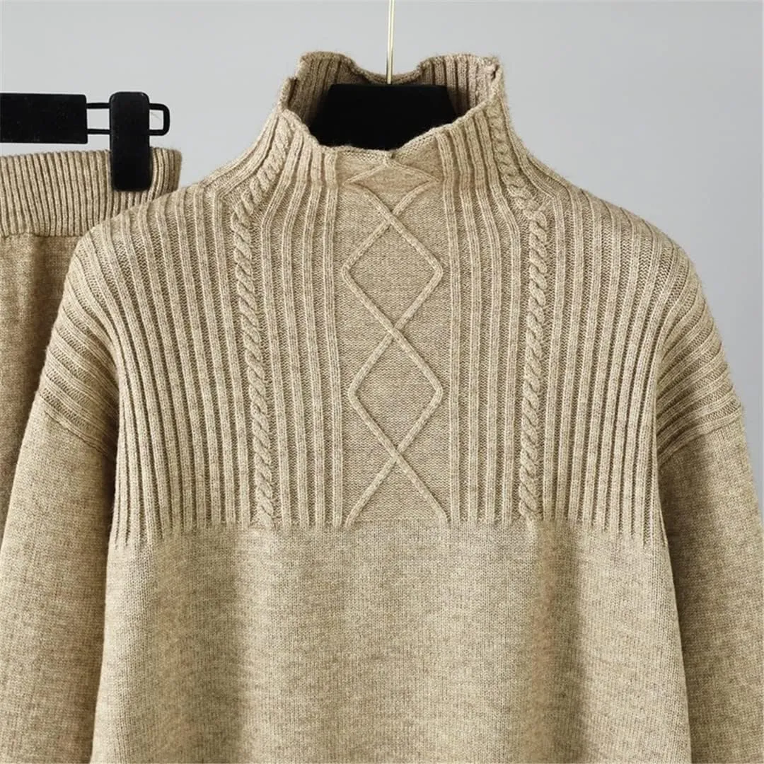 Women's Winter Oversized Drop Sleeve Cashmere Knit Turtleneck Sweater Wide Leg Pants Set