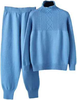 Women's Winter Oversized Drop Sleeve Cashmere Knit Turtleneck Sweater Wide Leg Pants Set