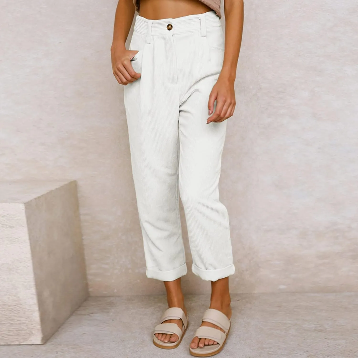 YOLAI Womens Corduroy Straight Leg Pants Elegant Casual High Waist Trousers Business Work Trousers with Pockets