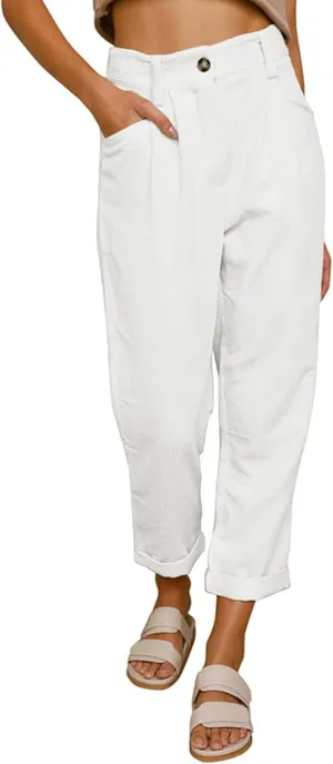 YOLAI Womens Corduroy Straight Leg Pants Elegant Casual High Waist Trousers Business Work Trousers with Pockets