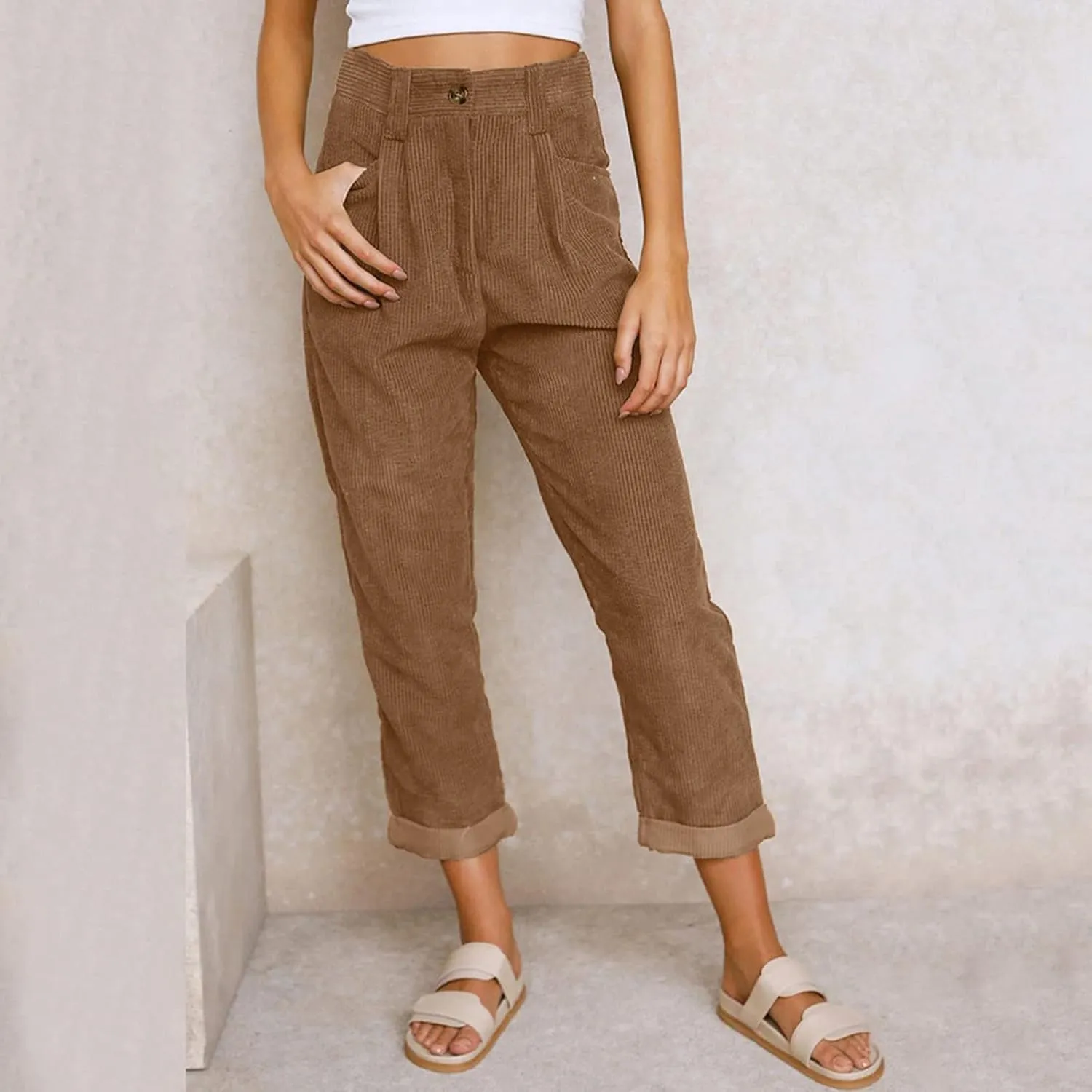 YOLAI Womens Corduroy Straight Leg Pants Elegant Casual High Waist Trousers Business Work Trousers with Pockets